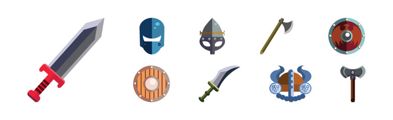 Poster - Viking and Warrior Game Icon and Battle Object Vector Set
