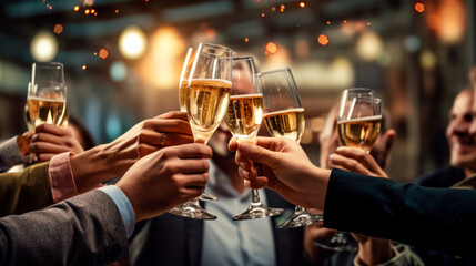 close shots group of people holding champagne glasses and toasting 