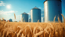 Wheat field with silos. agricultural production storage. agricultural idea. Copy space for text, advertising, message, logo