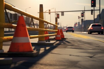 Aufkleber - A collection of traffic cones lined up on the side of a road. Can be used to represent road construction, traffic safety, or urban infrastructure projects.