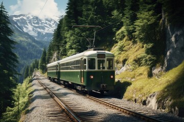 Poster - A green train is seen traveling down train tracks next to a forest. This image can be used to depict transportation, nature, or travel.