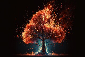 Canvas Print - Conceptual image with burning tree on dark background