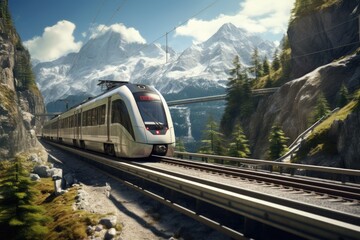 Poster - A white train is seen traveling down train tracks next to a majestic mountain. This image can be used to depict transportation, travel, or scenic landscapes.