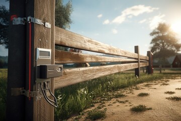 Poster - A close-up view of a wooden fence near a field. This image can be used to depict rural landscapes or as a background for nature-themed designs.