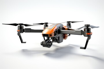 Poster - A compact drone with orange and black colors resting on a white surface. Perfect for technology and innovation concepts.