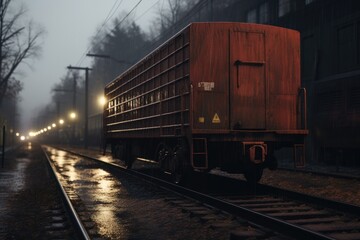 Aufkleber - A picture of a train traveling down train tracks next to a tall building. This image can be used to depict urban transportation or the juxtaposition of nature and cityscape.