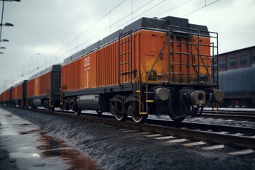 Poster - A train is seen traveling down the train tracks next to a train station. This image can be used to depict transportation, travel, and commuting.