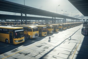 Poster - A group of yellow buses parked in a parking lot. This image can be used to depict transportation, school buses, public transportation, or a busy parking lot scene.