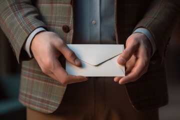 Aufkleber - A professional man dressed in a suit holding a white envelope. This image can be used to depict business communication, correspondence, or important documents.