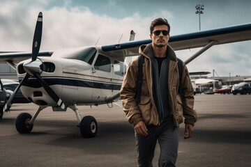 Wall Mural - a man standing confidently in front of a small plane. this image can be used to illustrate aviation,