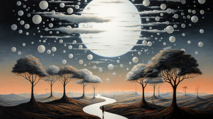 Wall Mural - The image shows a person deep in thought, surrounded by a dreamy landscape, with the phrase 