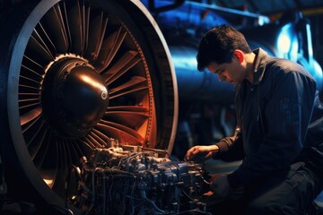 Poster - A skilled man is diligently working on an airplane engine. This image can be used to depict aviation maintenance or repair work.