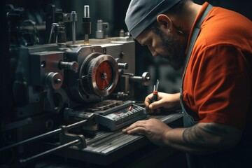 Poster - A man in an orange shirt is seen working on a machine. This image can be used to depict a person engaged in manual labor or working with machinery.