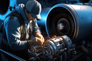 Poster - A man is seen working on a jet engine. This image can be used to depict aircraft maintenance and engineering.
