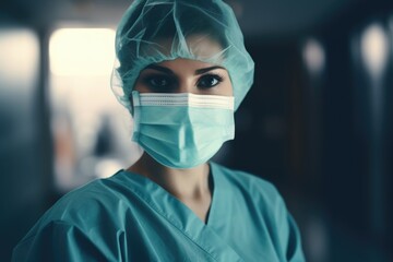 Poster - A woman is pictured wearing a surgical mask in a hospital. This image can be used to illustrate healthcare, medical precautions, or the current global pandemic.