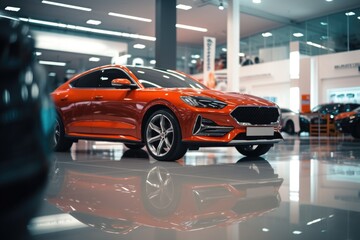 Poster - An orange car parked in a showroom. Ideal for automotive industry promotions and car dealership advertisements.