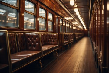 Poster - A long row of brown leather seats on a train. Perfect for travel or transportation-related projects.