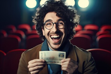 Aufkleber - A man with curly hair and glasses is holding a check in his hand. This image can be used to represent financial transactions, business deals, or receiving payment.