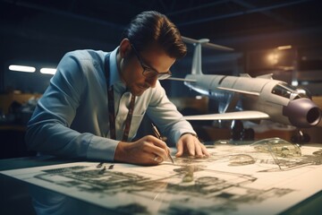 Poster - A man in a shirt and tie focused on working on a drawing. Suitable for professional and creative industries.