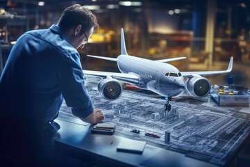 Poster - A man is diligently working on a model plane. This image can be used to showcase hobbies, craftsmanship, or the joy of creating something with one's own hands.