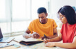© BullRun - dark skinned young male and female students cooperating on homework tasks talking