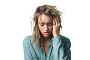 sad teenager girl in a bad mood or sick and has problems, png file of isolated cutout object on transparent background.