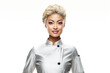 A professional woman wearing a chef's uniform striking a pose for a photo. Perfect for culinary websites, cooking blogs, or restaurant promotions.