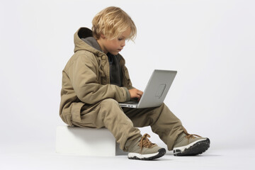 Poster - A young boy sitting on a stool using a laptop. This image can be used to illustrate technology use or online learning.