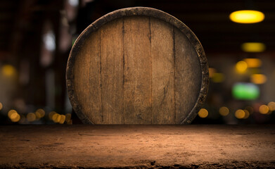 Wall Mural - Oktoberfest beer barrel and beer glasses with wheat and hops on wooden table. High quality photo