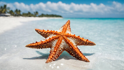 Poster - starfish on a white beach, crystal clear ocean water and blue sky with white clouds