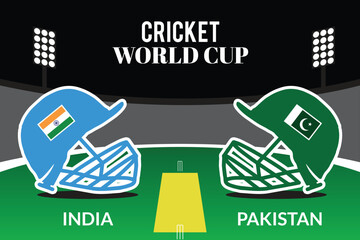 India vs Pakistan World Cup Match 2023. Template or mockup for IND vs PAK final match. Top Cricket sport vector illustration of rivalry team's helmet art on stadium ground.