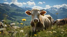  Funny cow in the mountains on green fresh meadow 
