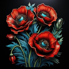 Wall Mural - Beautiful red poppies on a black background. Floral pattern, illustration, card