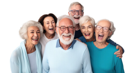 diversified group of happy old people, png file of isolated cutout object on transparent background.