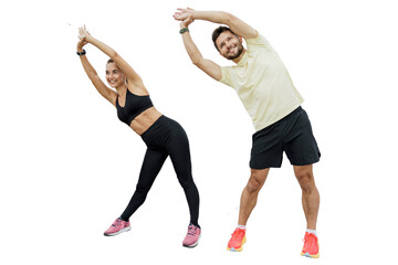 Sports couple family coach and client doing exercise.  People are friends together interval training man and woman in fitness clothes. Healthy and active lifestyle. Isolated background.