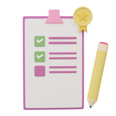 Aufkleber - 3D clipboard, pencil and medal isolated on purple, pink background, notepad icon business data analyze concept. 3d render illustration.