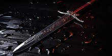 A Fantasy Medieval Sword Laying On A Puddle Of Blood. Dark Stone Castle Dungeon Floor. Depth Of Field. 