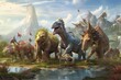 Prehistoric Dinosaur Gathering: Lively Depiction of Coexisting Dinosaurs in a Diverse Landscape, generative AI
