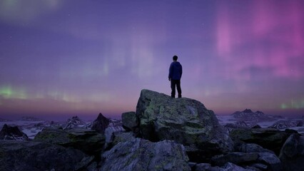 man standing on peak with magical mountain scene in nature at night with aurora in the sky. 3d rende