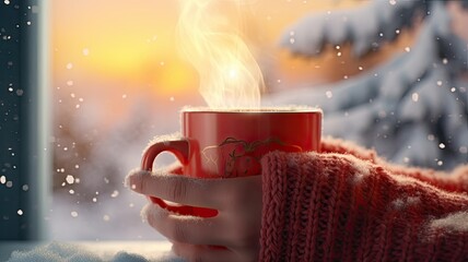 Wall Mural - a red mug in hands dressed in knitted mittens against the backdrop of a blurry snowy landscape. warming drink for winter mornings