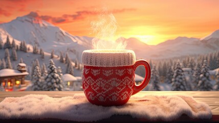 Wall Mural - a red mug in hands dressed in knitted mittens against the backdrop of a blurry snowy landscape. warming drink for winter mornings