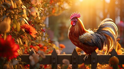 Sticker - Autumn Rooster Majesty: capturing the regal beauty of roosters strutting amidst the vibrant autumn foliage of a castle garden