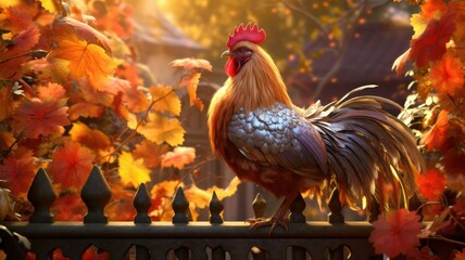 Poster - Autumn Rooster Majesty: capturing the regal beauty of roosters strutting amidst the vibrant autumn foliage of a castle garden