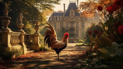 Poster - Autumn Rooster Majesty: capturing the regal beauty of roosters strutting amidst the vibrant autumn foliage of a castle garden