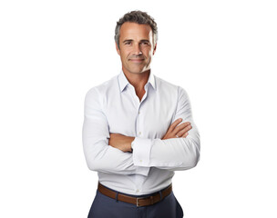 elegantly formal in a white shirt middle aged man crossed arms , png file of isolated cutout object on transparent background.