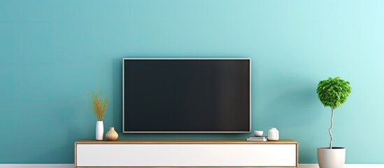 Canvas Print - Minimalistic living room with a smart TV on a blue wall 