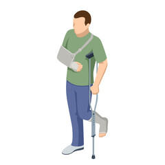 Wall Mural - Isometric A woman with a leg injury in a cast on crutches, with an arm injury in a cast. Social security and health insurance concept.