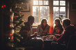 Family together at christmas is a festive indoor scene with open fire children and parents enjoying the holidays