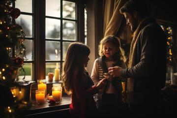 Poster - Family together at christmas is a festive indoor scene with open fire children and parents enjoying the holidays