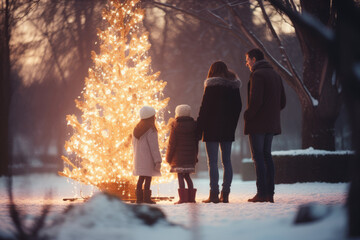 Wall Mural - Amidst the holiday enchantment, a family with young children delights in a traditional Christmas market. Parents and kids revel in the festive town aglow with lights.